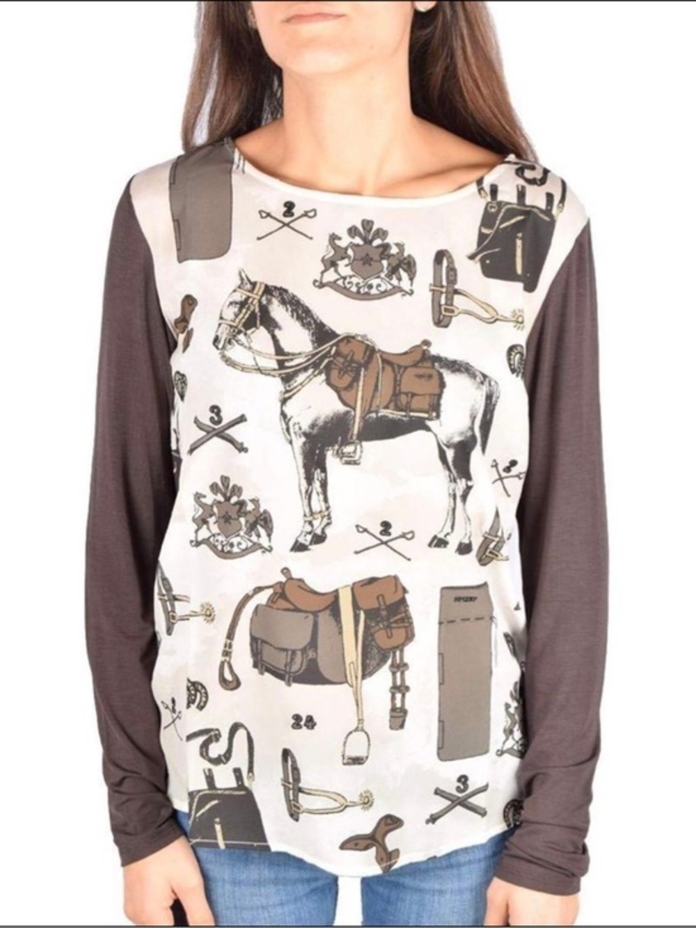 Weekend Max Mara Cream Equestrian Print Long-Sleeve Top with Brown Sleeves